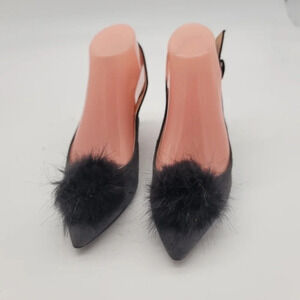 Franco Sarto Sz 7 Gray Suede Slingback Kitten Heels Faux Fur Pom Sandals Leather